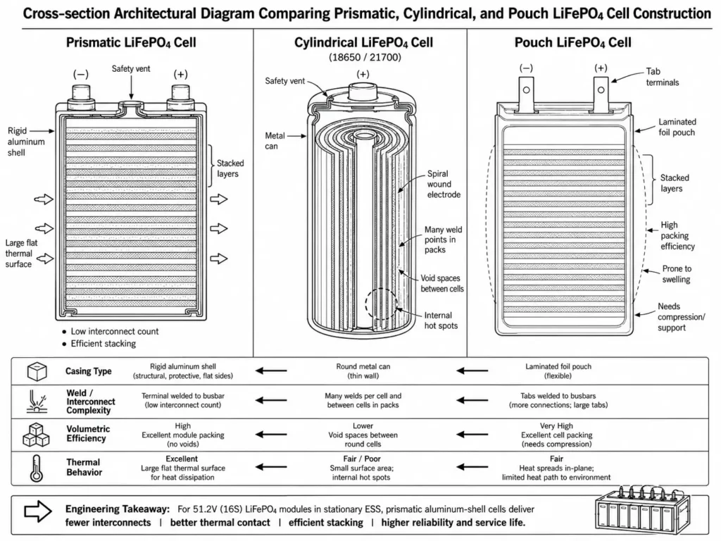 LiFePO4 cell construction comparison of prismatic, cylindrical, and pouch cell cross-sections.