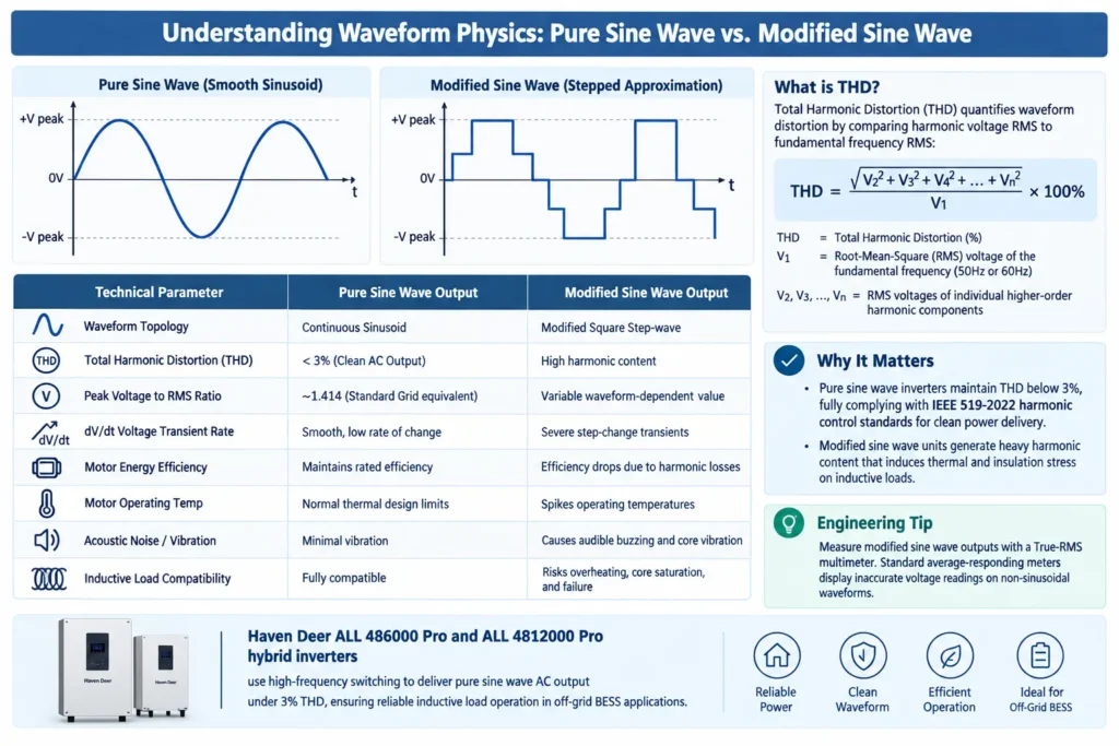 Pure Sine Wave vs Modified Sine Wave comparison showing waveform shapes, THD, and inverter power quality differences.