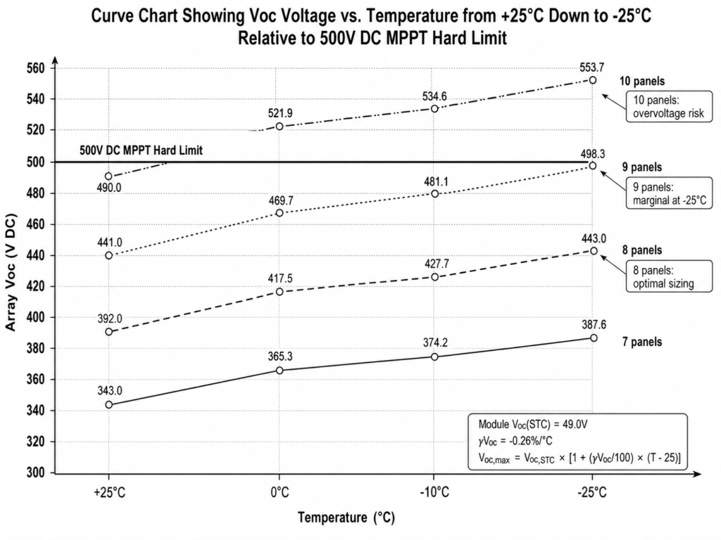 Curve chart showing PV string Voc voltage rise from +25°C to -25°C with 7, 8, 9, and 10 panel series configurations compared against a 500V DC MPPT inverter voltage limit.
