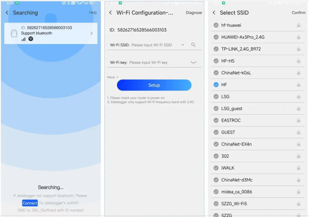 Wi-Fi settings page in the Solar of Things app interface for managing network connection.