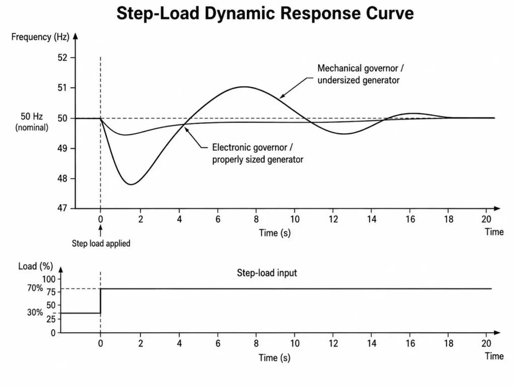 Step-load dynamic response curve comparing generator frequency sag and governor recovery.