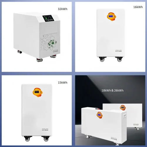 A lineup showcase of Haven Deer mobile LiFePO4 battery models, available in 5 flexible capacity options: 15kWh, 16kWh, 18kWh, 26kWh, and 32kWh for customized solar storage.