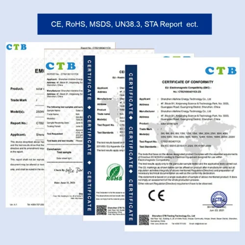 International certifications including CE, UN38.3, MSDS, and IEC for Haven Deer off-grid solar kits, LiFePO₄ batteries, hybrid solar inverters, and all-in-one ESS.